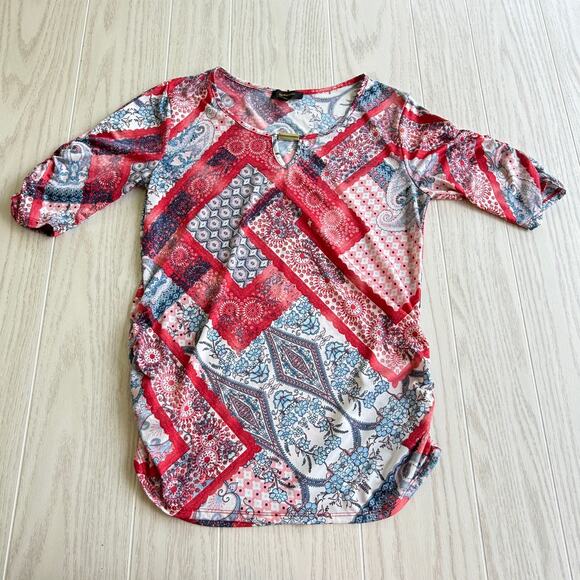 Espresso Small Multicolor V-Neck Ruched Side Blouse Red Blue White - Picture 1 of 7